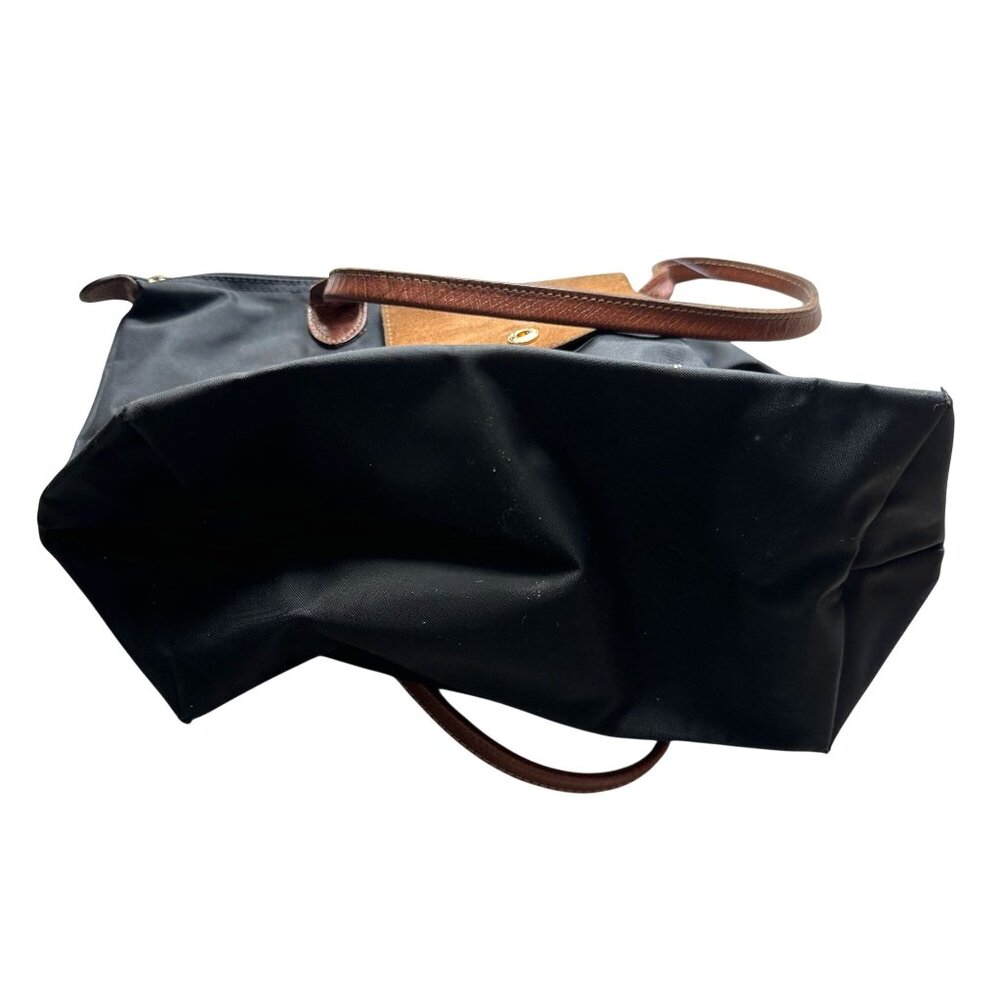 Longchamp Le Pliage Shopping MODÈLE DÉPOSÉ Black w/ Brown Leather Trim Tote Bag - Picture 3 of 11